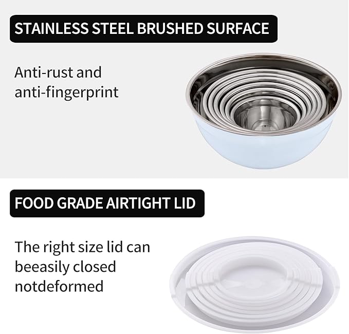 White Mixing Bowls with Lids Set of 7, Stainless Steel Nesting Bowl with Khaki Lid for Non-slip Mixing Prepping Storing Serving, 7 Sizes-7/3.6/2.7/2.1/1.5/1/0.8 QT