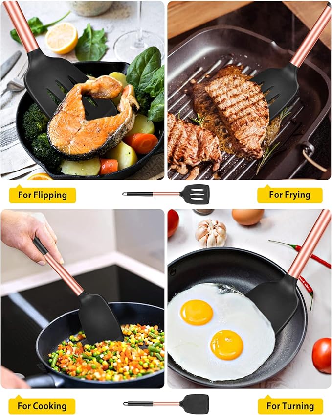 Pack of 2 Silicone Solid Turner, Non Stick Slotted Kitchen Spatulas, High Heat Resistant BPA Free Cooking Utensils, Ideal Cookware for Fish, Eggs, Pancakes(Rose Gold Black)