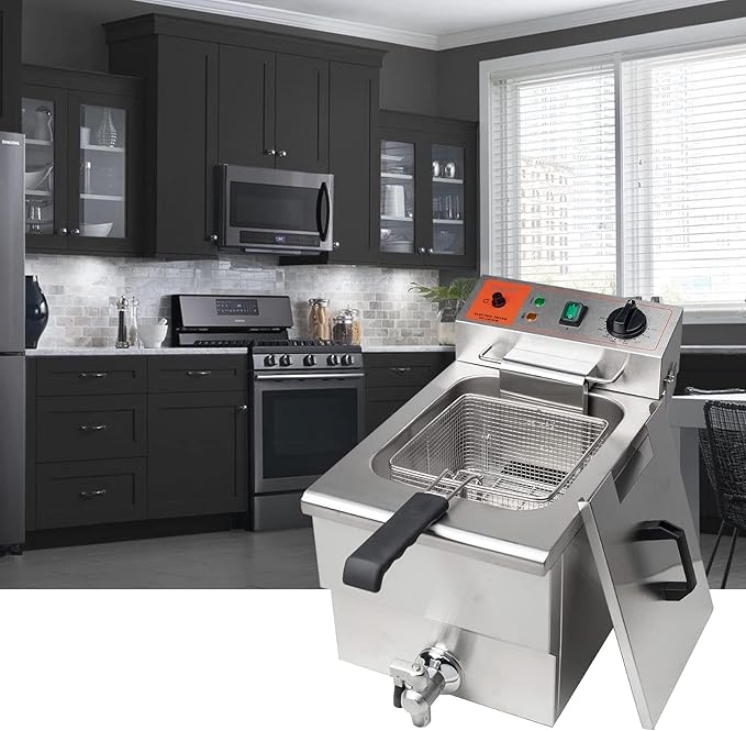 Valgus 1750W Stainless Steel Electric Deep Fryer 12L Large Capacity Countertop Kitchen Frying Machine with Basket & Lid, Drain System