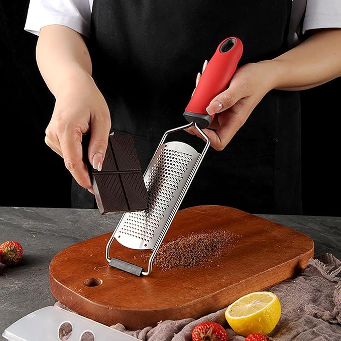 Heavy Duty Cheese Grater, 5.2 Inch x 2.2 Inch Wide Blade Stainless Steel Grater with Rubber Handle for Vegetables, Cheese and Lemon (Red)