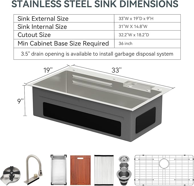Lordear 33 Watefall Drop In Kitchen Sink 33x19x9 Inch Topmount Sink Stainless Steel 16 Gauge Single Bowl Multifunctional Workstation Sinks with Built-in Accessories,Glass Rinser and Faucet Included