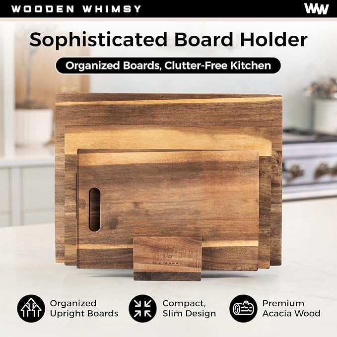 Modern Acacia Cutting Board Set with Holder and Oil Applicator- 3-Piece Wooden Kitchen Butcher Block - Solid Wood Chopping Blocks for Food Prepping, Charcuterie, and Cheeseboards