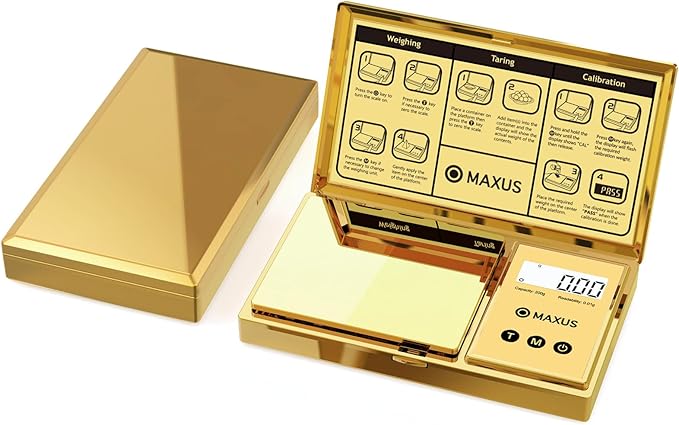 MAXUS Digital Gram Scale with 200g x 0.01g Capacity, Stylish Gold Plated Cover and Platform for Accurate and Precise Weighing of Jewelry, Grains, and Food in Grams and Ounces