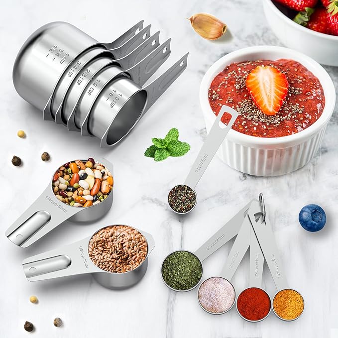 21 Pcs Stainless Steel Measuring Cups and Spoons Set, Wildone Stackable Metal Measuring Cups and Spoons for Cooking & Baking, Includes 7 Cups, 9 Spoons and 5 Mini Spoons