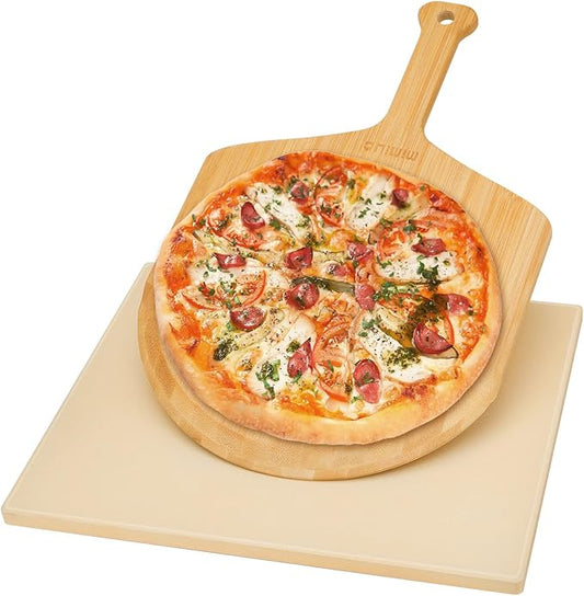 Pizza Stone and Wood Peel Set for Oven and Grill - 12x15 Inch Rectangular Baking Stone with Bamboo Peel, Perfect for Crisp Crust Pizza, Breads, Cheese, and More