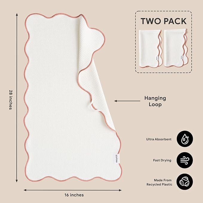 RECYCO Waffle Kitchen Towel Set of 2 - Quick Dry Microfiber Sustainable Dish Towels - Ultra Absorbent Reusable Cleaning Tea Towels - Lightweight Hand Towels,16”x 28”, Coral Pink