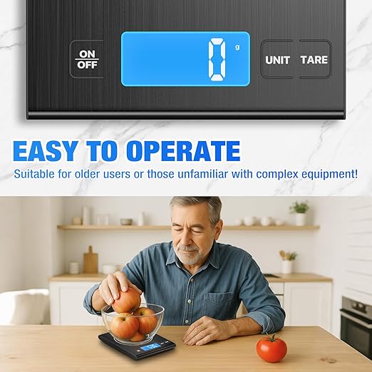 Rechargeable 304 Stainless Steel Kitchen Scale, Diyife 33lb Digital Food Scale with LCD Display, Batteries and Type-C Charging, for Meal Prep, Cooking, Baking (Black)