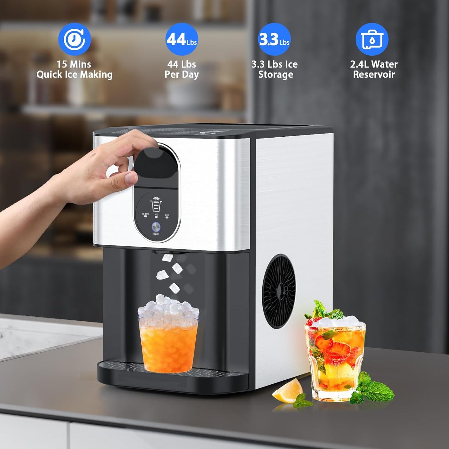 Nugget Ice Makers Countertop, Self-Dispensing Pellet Ice Maker, 44Lbs/24H, Portable Pebble Ice Maker Machine with Self-Cleaning, Soft Chewable Ice Makers for Home Kitchen Office, Silver