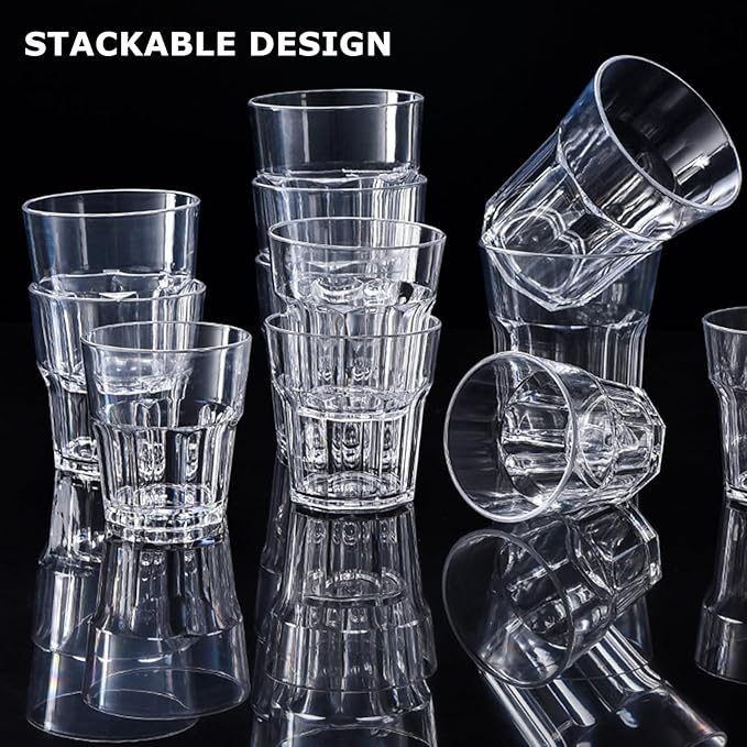 16 Pack 8 oz Plastic Drinking Glasses, BPA Free Unbreakable Juice Cups, Stackable Clear Beverages Iced Hot Tea Glassware for Cocktail, Soda Beer Tumbler Cup Dishwasher Safe