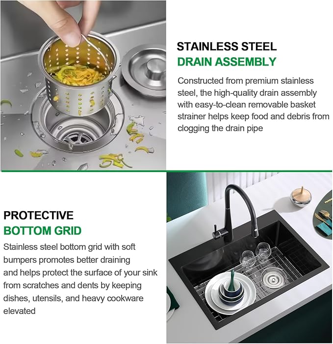 25x18x9 Inch Kitchen Sink, Handmade 304 Black Stainless Steel Single Bowl, Centre-Offset Drain, R10 Tight Corner, Drop in Kitchen Sink with Strainer & Bottom Grid