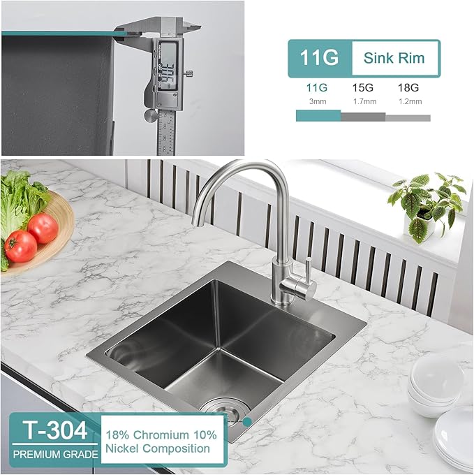 13 × 15 inch Drop in Bar Sink Black - Topmount Small Kitchen Sink Single Bowl, Handmade T-304 Stainless Steel Overmount Kitchen Bar Sinks with Basket Strainer