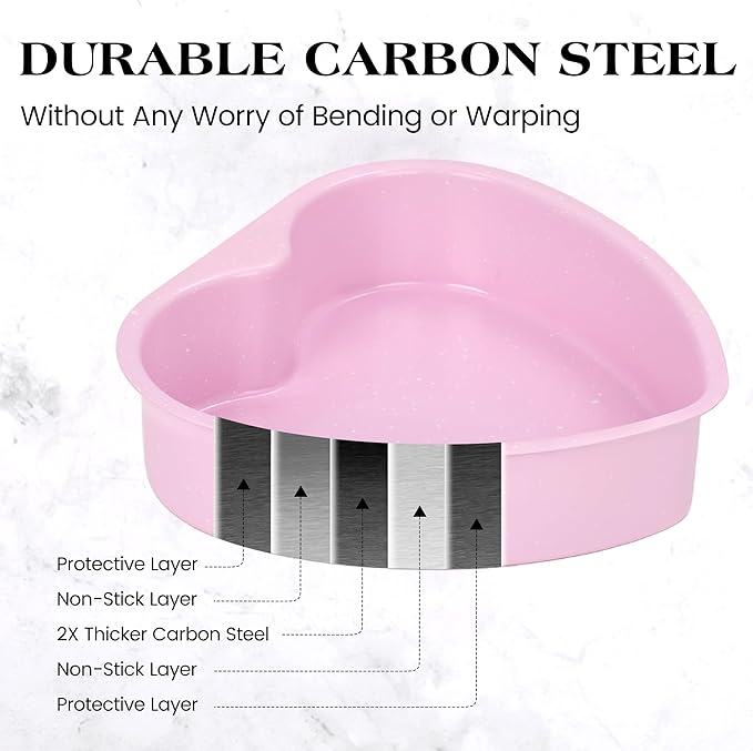 8 Inch Heart Shaped Cake Pans Set 2 Pack Nonstick Cake Pan for Baking Carbon Steel Large Heart Molds (Pink)