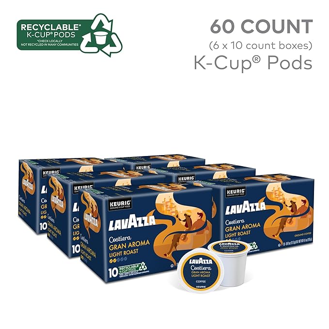 Lavazza Costiera Gran Aroma, Single-Serve Keurig K-Cup Pods, Light Roast Coffee, 60-Count Box (6 Packs of 10)