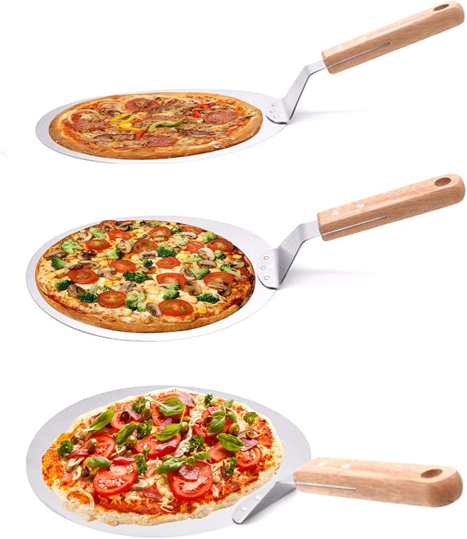 KSENDALO 10" Pizza Peel with Wooden Handle - Pizza Lifter & Stainless Steel Spatula for Baking, Serving Homemade Pizza, Cake and Pie | Non-Slip Pizza Server Tray