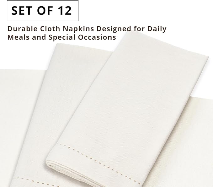 PurpleEssences Set of 12 Hemstitch Cloth Dinner Napkins 100% Cotton - Soft Durable Washable - Ideal for Wedding Christmas Holiday Winter - Perfect Everyday Use Table Linen 18x18 - Cream