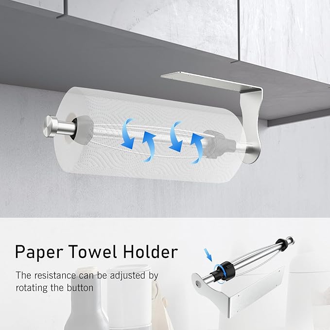 SetSail Paper Towel Holder Under Cabinet Single Hand Operable with Adjustable Damper Easy Tear Paper Towel Holder Wall Mount for Kitchen Bathroom, Adhesive or Screw, Silver