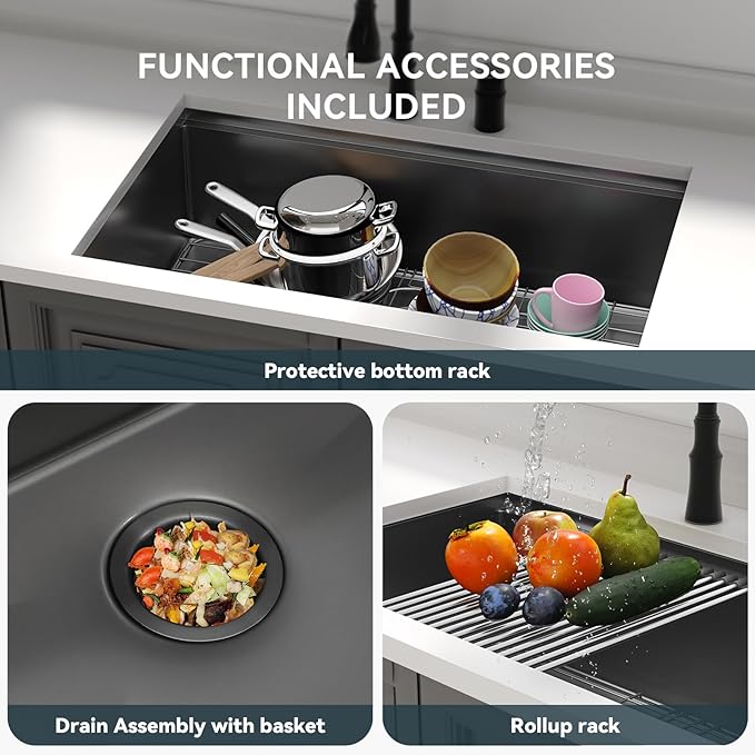 30 Undermount Kitchen Sink Black Stainless Steel - Lordear 30"x19" Kitchen Sink Undermount Gunmetal Black Workstation 16 Gauge Stainless Steel Single Bowl Handmade Sinks Basin