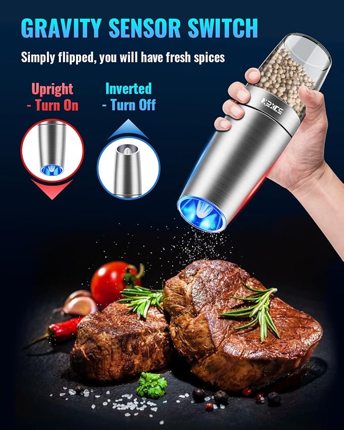XinXu Gravity Electric Pepper/Salt Grinder, Salt and Pepper Mill & Adjustable Coarseness, Battery Powered with LED Light, One Hand Automatic Operation, Stainless steel - (Single/Silver)