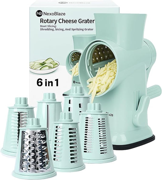 6 in 1 Rotary Cheese Grater Hand Crank with 6 Stainless Steel Blades, Cheese Shredder with Reinforced Suction Base, Grater For Cheese, Vegetables, Nuts and Ice, Easy to Clean