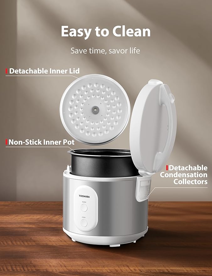TOSHIBA Rice Cooker & Steamer Simple 5.5 Cup(Uncooked) with Steaming Basket, Removable Non-Stick Inner Pot & Inner Lid, for Soups, Stews, Grains&Oatmeal, One Touch&Keep Warm Function, Silvery White