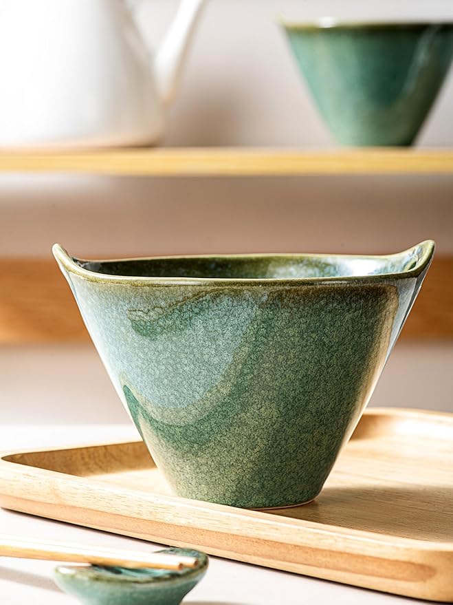 HENXFEN LEAD Japanese Ramen Bowls Set of 2 - Deep Ceramic Soup Bowls with Spoons, Chopsticks and Holder, 20 Oz Serving Dishes for Pho, Udon Noodle, Cereal