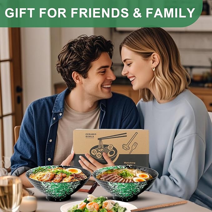 8-Inch Ceramic Ramen Bowl Set of 2 (9 Piece) - Porcelain Japanese Salad Noodles Cereal Fruit Pasta Soup Large Bowls with Recipes Chopsticks Forks Spoons for Men Women Gift Microwave & Dishwasher Safe