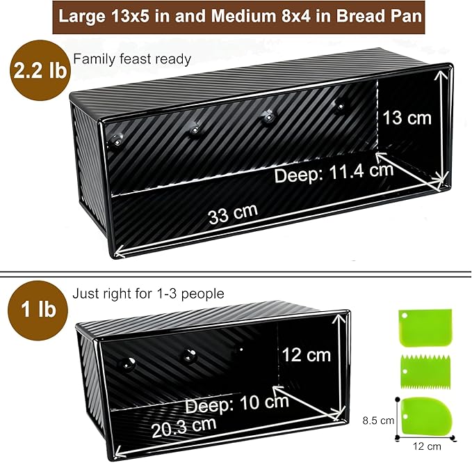 Black Pullman Loaf Pan with Lid, 13 Inch Pullman Bread Pan with Cover, 2.2LB & 1LB Dough Capacity, 2 Pack Sandwiches Bread Loaf Pan Nonstick, for Sourdough and Toast