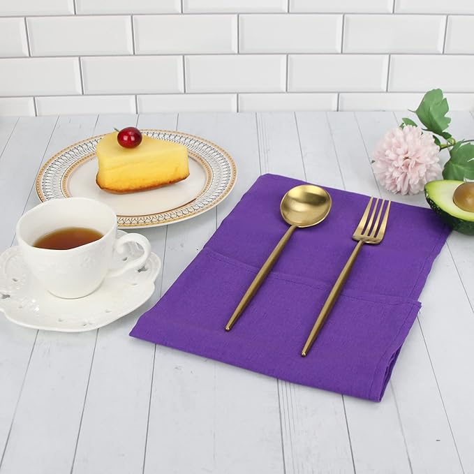 Solid Color Linen Blended Thin Dinner Cloth Napkins - Set of 12 (40 x 40 cm) - for Events & Home Use (Purple)