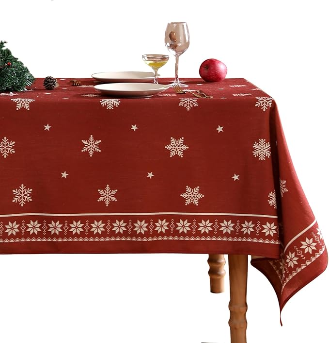 Christmas Tablecloth for Rectangular Tables,Linen Table Cloth with Red Background and White Snowflakes Pattern,Heavy Durable Table Cover for Dining Kitchen Party Christmas,63"*94"