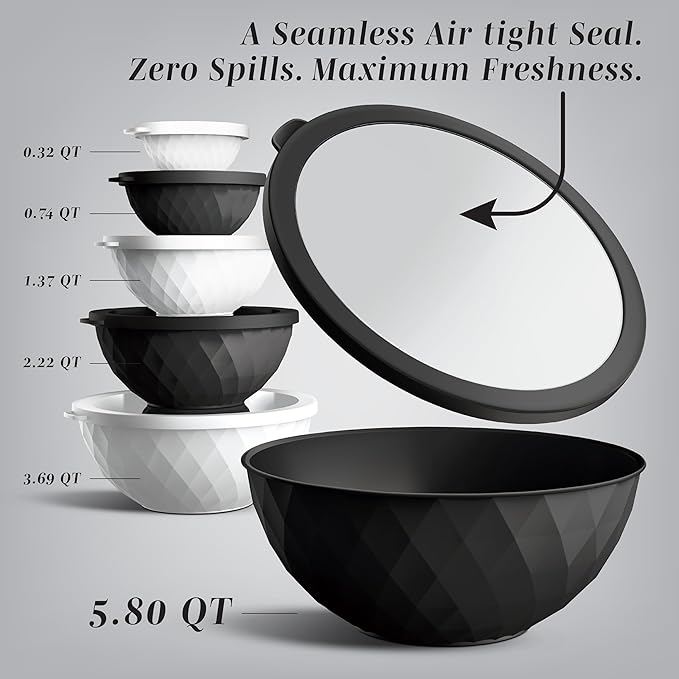 COOK WITH COLOR Mixing Bowls with Lids - 12 Piece Plastic Nesting Bowls Set includes 6 Prep Bowls and 6 Lids, Diamond Design - Microwave Safe, Black and White