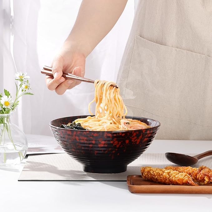 NUTRIUPS 8 Inch Ceramic Ramen Bowl Set of 2 Pho Bowls 40oz Japanese Noodle Udon Soup Bowls with Spoons and Chopsticks (Lava Burst Red)