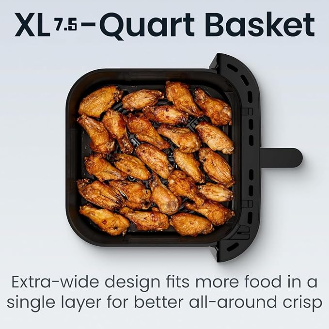 7.4QT Air Fryer with Glass Bowl, Visible Window Lid, Digital Control, 360° Rapid Air Circulation, for Healthy Oil-Free Cooking & Baking, Dishwasher Safe, Nonstick, Easy Clean (Black)