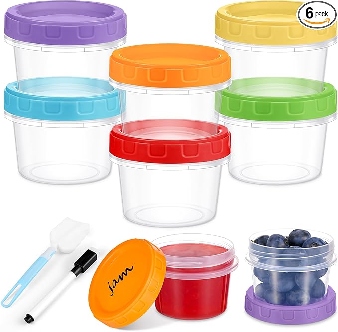 2 oz Small Plastic Containers with Lids, 6 Pack Salad Dressing Container, Reusable Condiment Containers Sauce Cups, with Pen and Brush, Freezer, Microwave & Dishwasher Safe