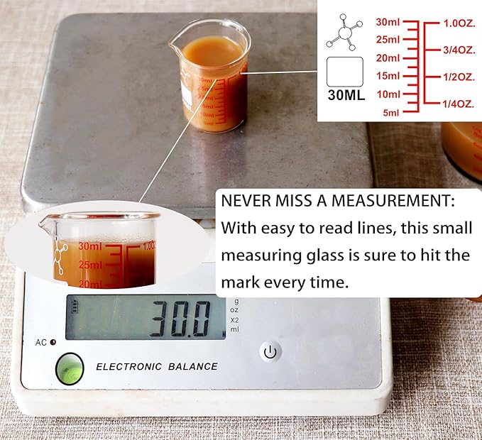 High Borosilicate Glass Measuring Cup-V-Shaped Spout，Glass Measuring Beaker for Kitchen or Restaurant, Easy to Read, 30 ML (1 Oz)-Pack of 2