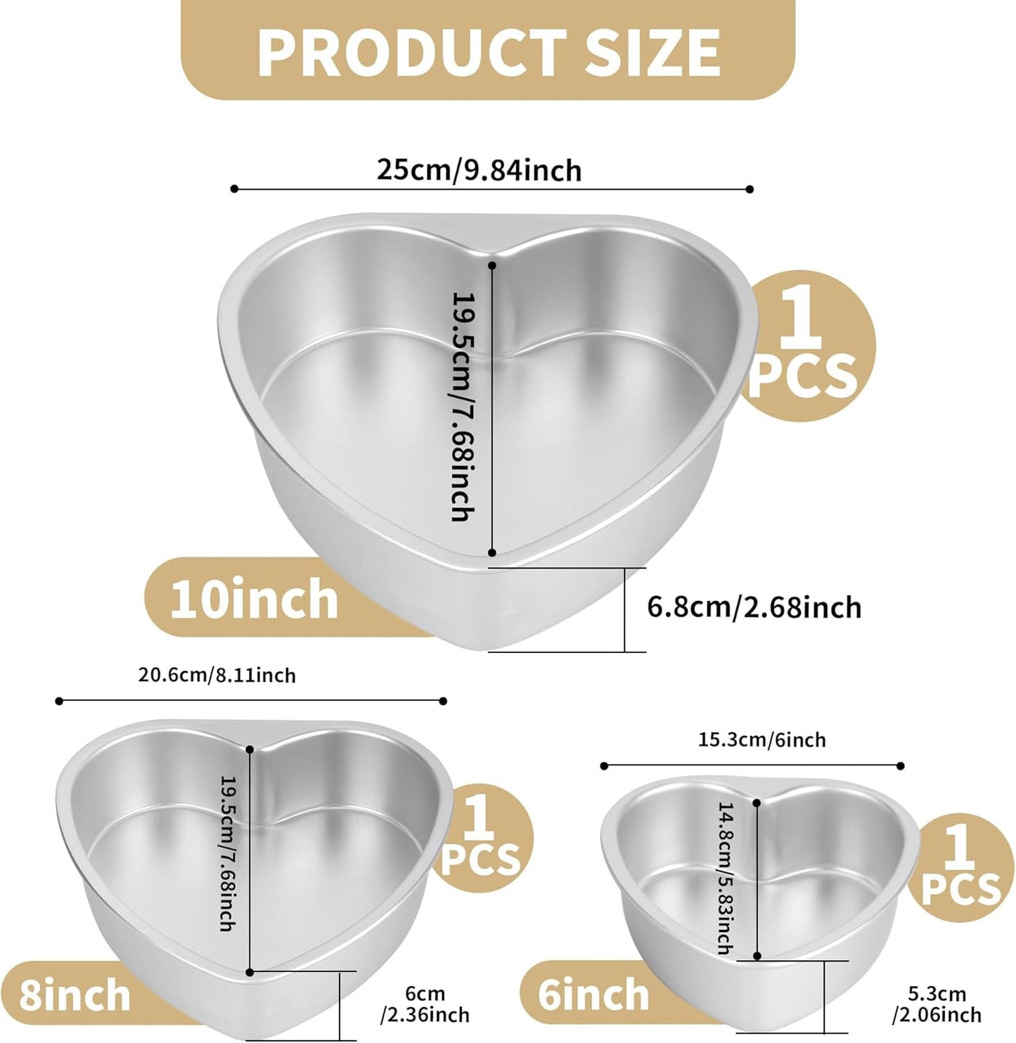 Set of 3 Heart Shaped Cake Pans, 6/8/10 Inch Aluminum Heart Baking Pan with Fixed Bottom,Hearts Cake Mold for Wedding, Party