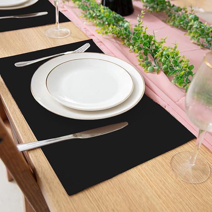 Linen Placemats Set of 8, Machine Washable, Heat Resistant, Wrinkle Free, Thick Polyester Kitchen Place Mats for Dining Table (Black)