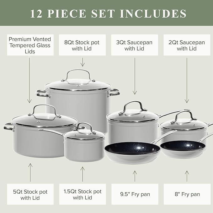 Nuwave Healthy Duralon Blue Ceramic Nonstick Cookware Set, Diamond Infused Scratch-Resistant, PFAS Free, Dishwasher & Oven Safe, Induction Ready & Evenly Heats, Tempered Glass Lids & Stay-Cool Handles