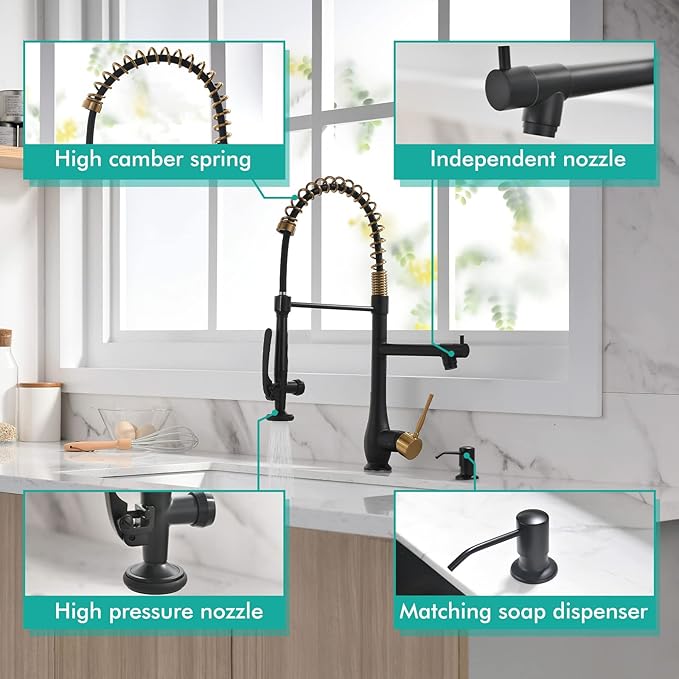 GIMILI Commercial Kitchen Faucet with Pull Down Sprayer, Double Headed Single Handle High Pressure Kitchen with Soap Dispenser Matte Black&Gold