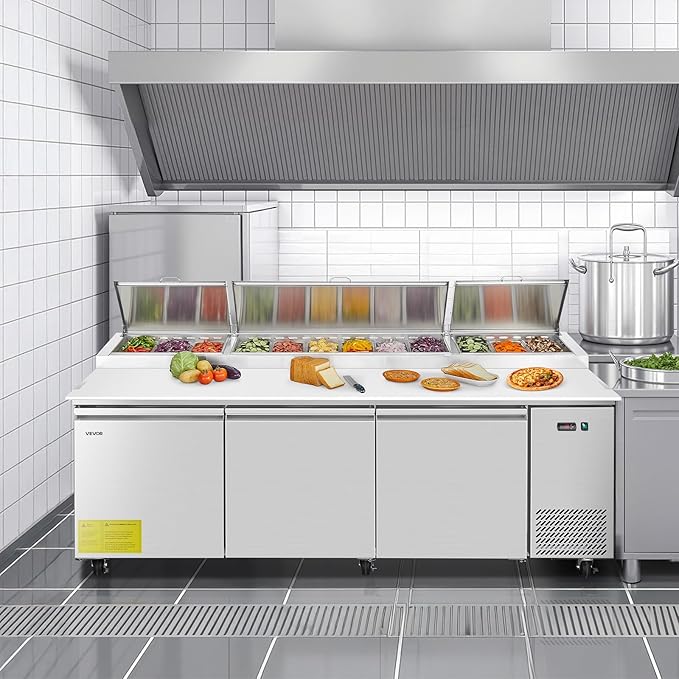 VEVOR 93"W Commercial Refrigerator, Pizza Prep Refrigerated Table, 19.3" Ultra Wide Countertop Food Prep Cooler, 30.8 Cu.Ft Single Door Salad Prep Fridge, 12 Pans Pizza Make Worktop with Cutting Board
