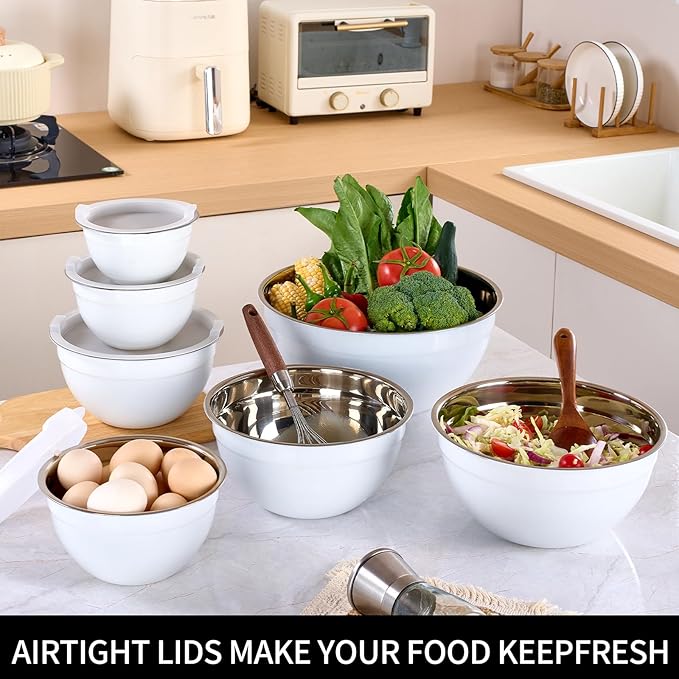 White Mixing Bowls with Lids Set of 7, Stainless Steel Nesting Bowl with Khaki Lid for Non-slip Mixing Prepping Storing Serving, 7 Sizes-7/3.6/2.7/2.1/1.5/1/0.8 QT