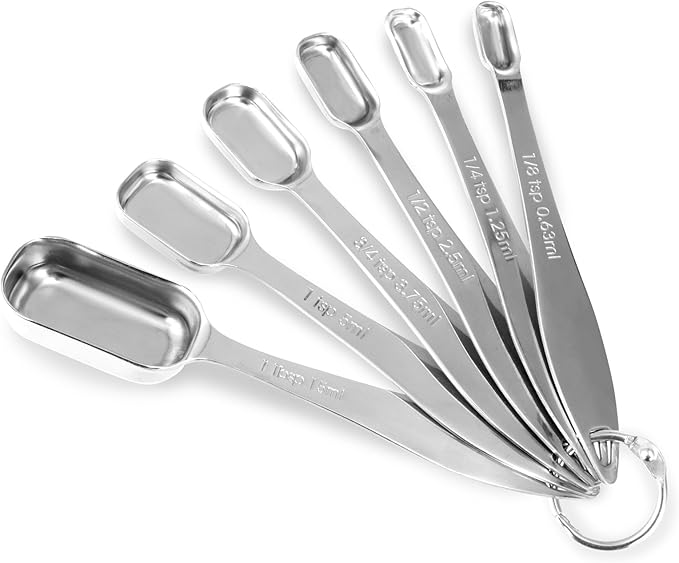 Accurate 18/8 Stainless Steel Measuring Spoons, Heavy Duty Good Handle Set of 6 Measuring Spoon with Ring Connector, Silver