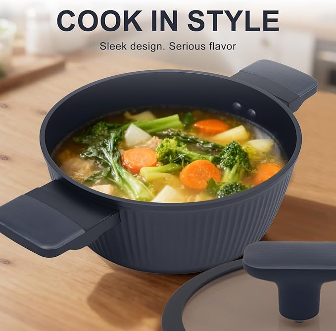 Non-Toxic Ceramic Cookware Set, 3-Piece Black Pots and Pans Set Non Stick, PFOA & PTFE Free, For All Stovetops Induction, Dishwasher Safe with Stay-Cool Handles