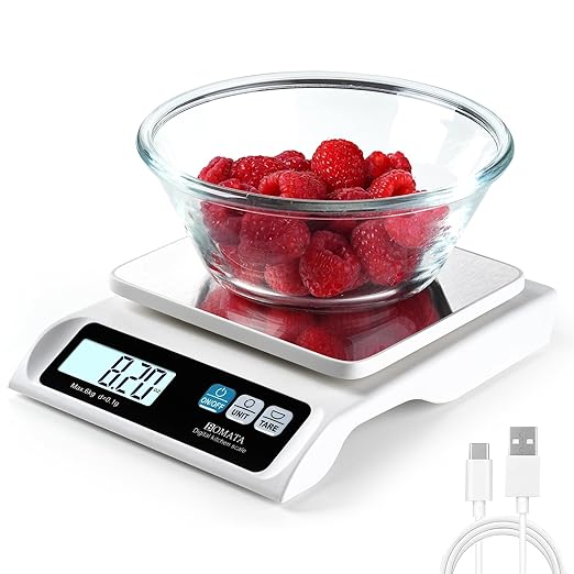 BOMATA 0.1g/ 13lb Food Scale, USB Rechargeable, Digital Kitchen Scale with Removable Stainless Steel Pan, Backlit LCD Display, for Cooking, Baking B621 White