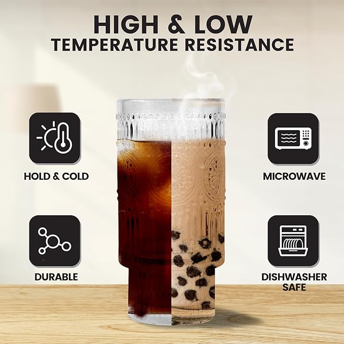 4 Pcs 16 oz Glasses Cups Set with Bamboo Lids Straws Brush Hobnail Glassware Set for Juice Iced Coffee Beer and Cocktail Whiskey