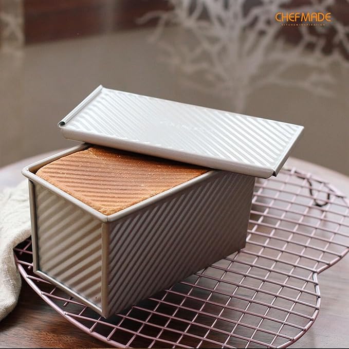 CHEFMADE Pullman Loaf Pan with Lid, 1Lb Dough Capacity Non-Stick Rectangle Corrugated Toast Box for Oven Baking 4.2" x 7.7"x 4.4"(Champagne Gold)