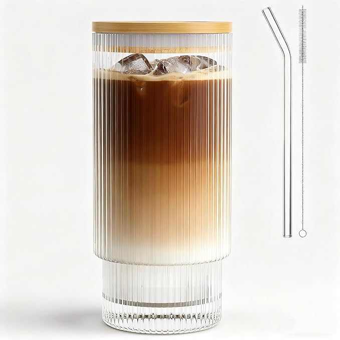 16OZ Ribbed Glass Cups with Lids and Straws,Iced Coffee Cups with Lid,Vintage Glassware for Whiskey Cocktail Beer Fruit Juice Glasses Tumbler(1Pack)