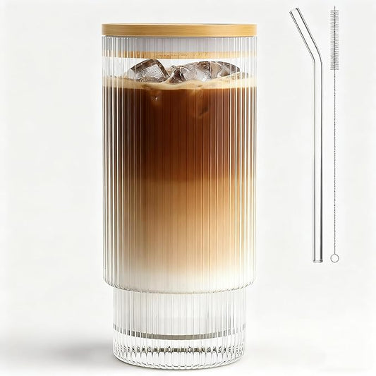 16OZ Ribbed Glass Cups with Lids and Straws,Iced Coffee Cups with Lid,Vintage Glassware for Whiskey Cocktail Beer Fruit Juice Glasses Tumbler(1Pack)