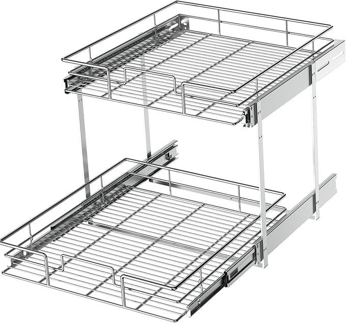 LOVMOR 2 Tier Individual Pull Out Cabinet Organizer 22½" W x 21½" D, Slide Out Kitchen Cabinet Storage Sliding Shelves