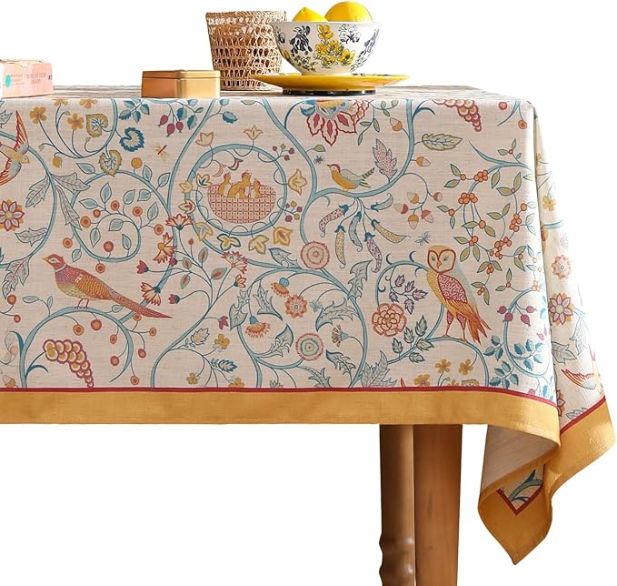 patdrea Designer Yellow French Spring Summer Tablecloth,Rustic Linen Floral Birds Pattern Table Cloth for Rectangle Tables,Decor Table Cover for Kitchen Dining Holiday Banquet,Christmas,55"*87"