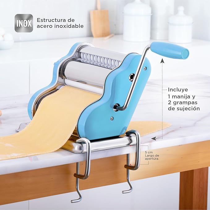 PASTALINDA Classic 200 Pasta Maker Machine, 20 cm Wide Rollers, 9 Thickness Positions, 2 Cutting Positions, Stainless Steel. Includes Reinforced Hand Crank And Two Clamps